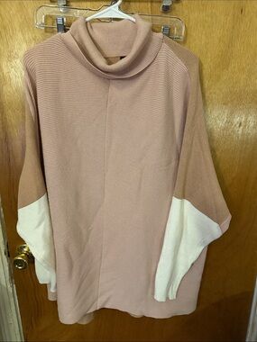 Relaxed Dusty Pink Cowl Neck Sweater with White Sleeve Accents